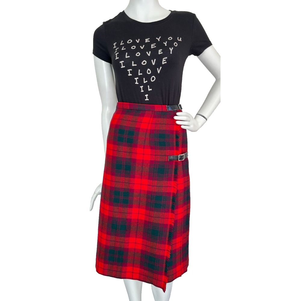 Brendella Tartan Plaid Wrap Blanket Skirt Wool Buckle Fringe Red Size X-Small